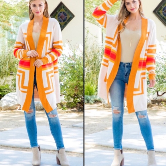 🧡Amazing tribal pattern open cardigan in cream+orange+gold | Size M - Picture 10 of 12
